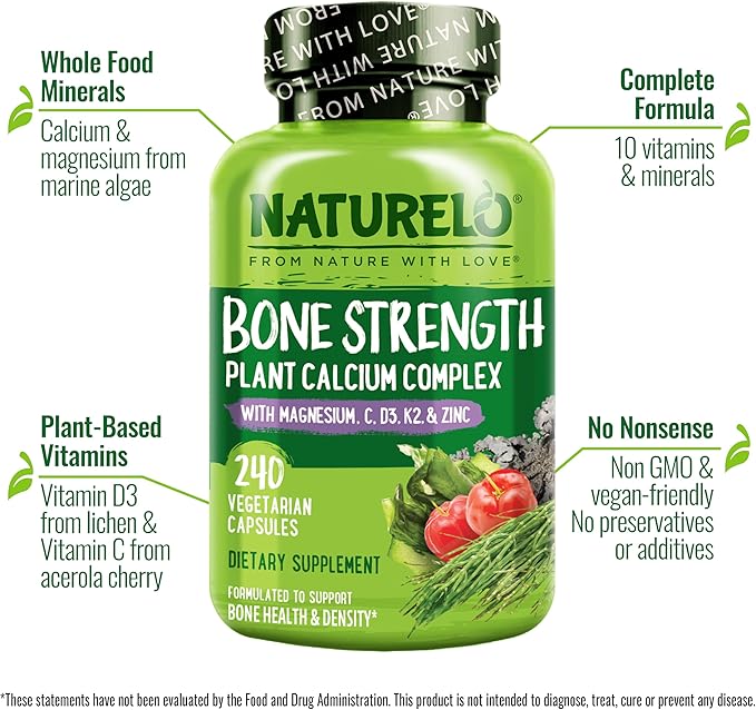 NATURELO Calcium Supplement for Bone Strength with Calcium 600mg - 240 Capsules and One Daily Multivitamin for Women - 120 Capsules - 4 Month Supply Bundle