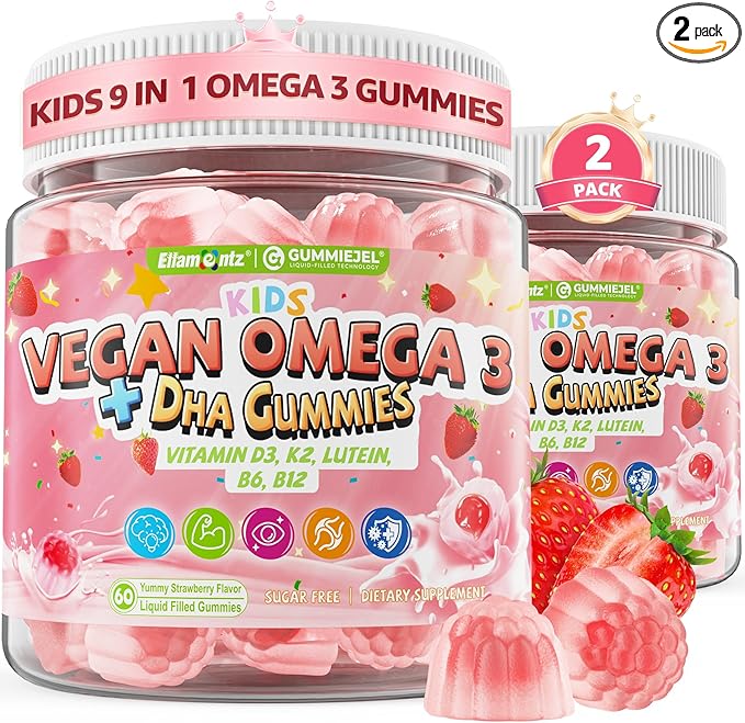 Kids Omega 3 Gummies for 4+ with DHA Vitamins D3 K2 C B6 Methyl B12 Luetin &amp PS No Fish Taste Sugar Free Omega 3 Fish Oil Alternative for Children for Brain Bone Eyes Focus Immunity 120 C
