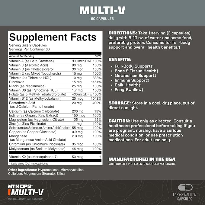 MTN OPS Multi-V Multivitamin Capsules New Gender Neutral Formula for Men and Women Daily Multivitamin Supplement Immune Support Energy Focus Wellness 90 Capsules Made in USA