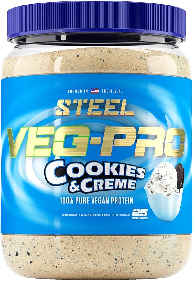 Steel Supplements Veg-PRO | Vegan Protein Powder Cookies and Creme | 25 Servings (1.65lbs) | Protein Powder with BCAA Amino Acid | Non GMO | Non Dairy | Low Carb Formula