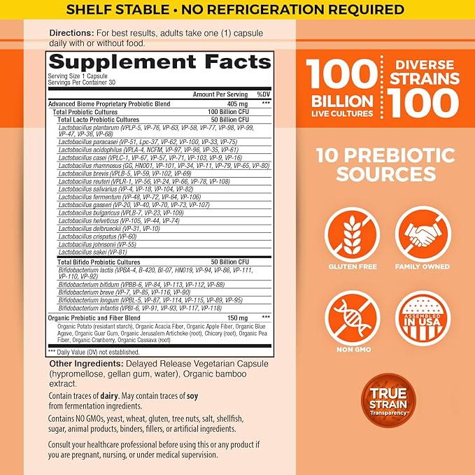 Vital Planet - Vital Flora Advanced Probiotic 100 Billion CFU 100 Diverse Strains 10 Organic Prebiotics Immune Support Digestive Health Shelf Stable Probiotics for Women and Men 30 Capsules