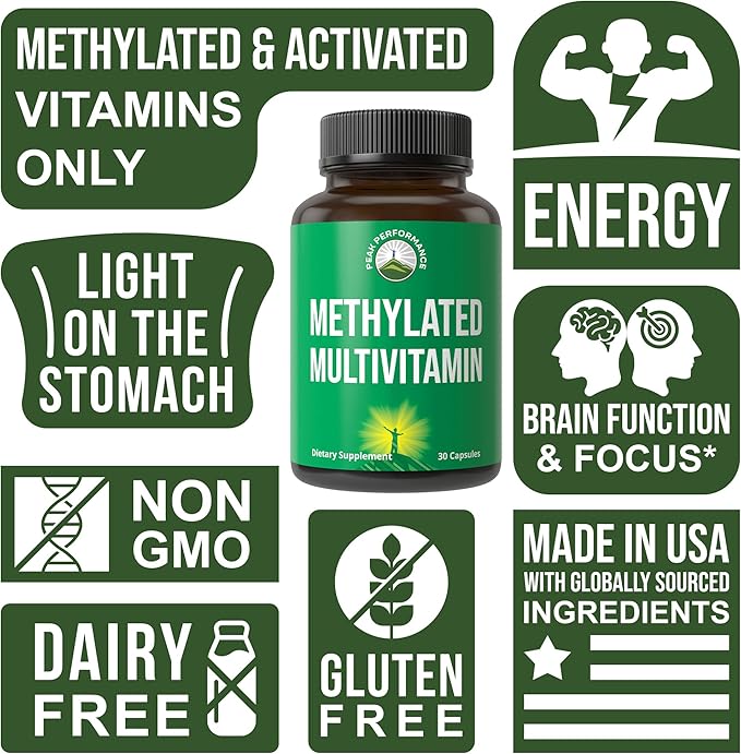 Peak Performance Methylated Multivitamin B Complex Supplement - Trimethylglycine (TMG) L Methylfolate Methyl B12 + B1 + B2 + B6 Vitamins + Choline - MTHFR Vegan Capsules Supplement for Women &amp M