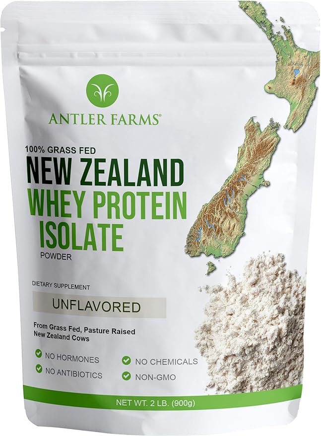 Antler Farms - 100% Grass Fed New Zealand Whey Protein Isolate Unflavored 2 lbs - Pure and Clean 2 Ingredients Delicious Cold Processed