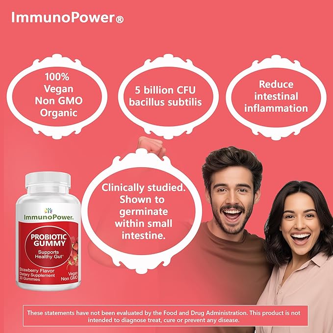 Organic Probiotics Gummies | 5 Billion CFU Probiotics for Digestive Health &amp Immune Support | DE111 Bacillus Subtilis | Strawberry | Non-GMO | 30 Ct.