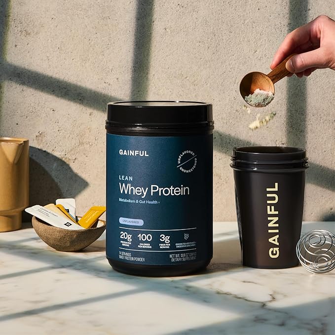 Gainful Lean Whey Protein Powder with 20g Protein per Serving Unflavored Supports Lean Muscle Metabolism and Satiety with Green Tea Extract Digestive Enzymes Organic Fiber 14 Servings