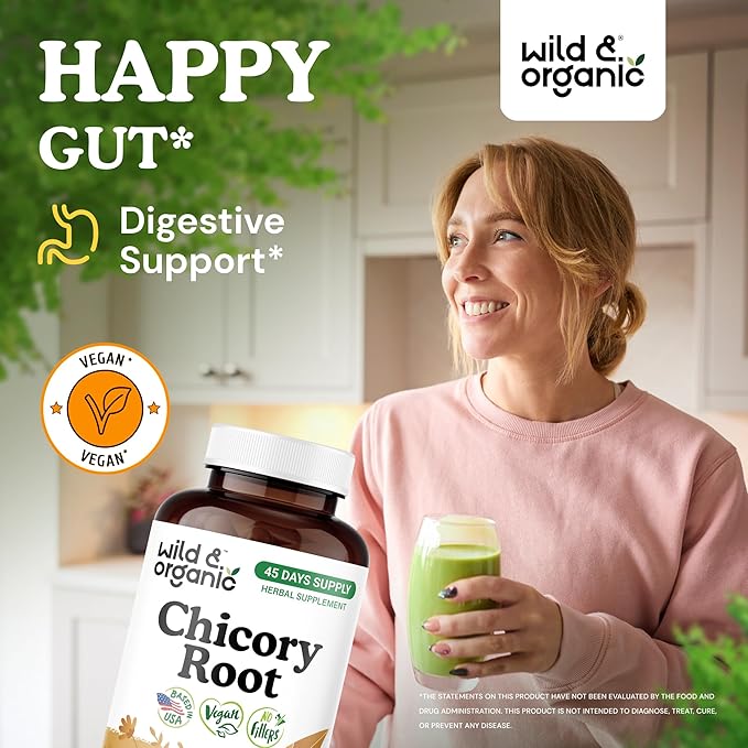 Wild &amp Organic Chicory Root Capsules - 1200 mg of Chicory Root Powder per Serving - Digestive &amp Gut Support - Prebiotic Inulin Supplement - Non-GMO Vegan Inulin Capsules - 60 Count