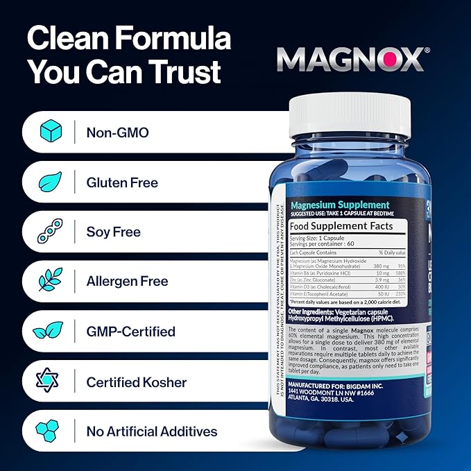MAGNOX® Buster | Patented Clinically Tested 380mg Magnesium Supplement for Spasms &amp Leg Cramps at Night | One Capsule a Day for Almost Full Dosage | 3X More Absorption | Dead Sea Minerals (60 Caps