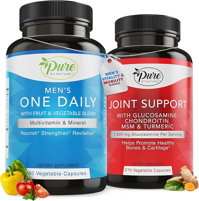 Pure By Nature Bundle of One Daily Multivitamin for Men 60 Capsules &amp Joint Support 180 Capsules Supplements Glucosamine Chondroitin Multi Vitamins &amp Minerals Supplement for Joint &amp Immun