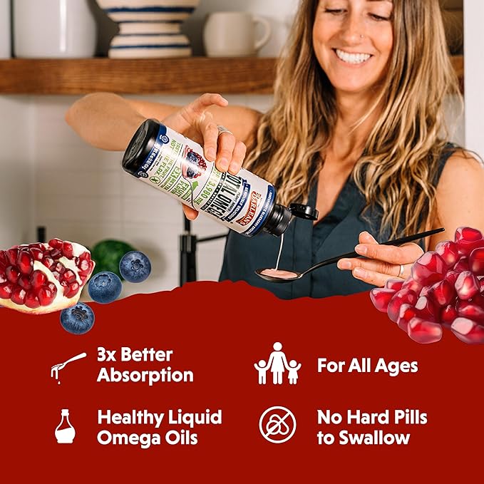 Barlean's Vegan Omega 3 6 9 Flaxseed Borage and Algae Oil Liquid Supplement Pomegranate Blueberry 3980 mg GLA EPA and DHA Fatty Acid Vegan 16 oz