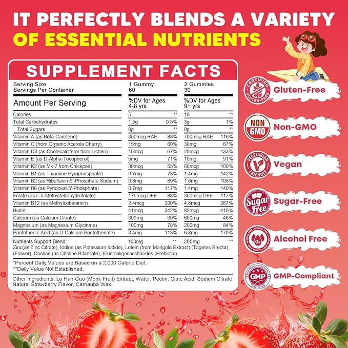 Sugar Free Calcium Multivitamin Gummies for Kids with Methyl B12 &amp Methylfolate Calcium Vitamins C D A B1 B2 B6 Biotin Magnesium Zinc with Nutritional Immune Bone Support 60 Ct