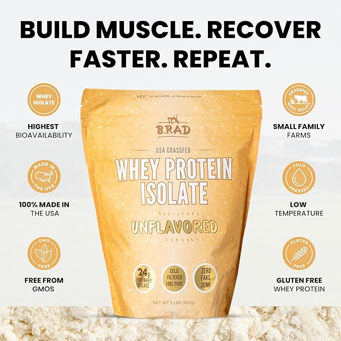 B.rad Grass Fed Whey Protein Isolate | Farm-Fresh Easy-to-Digest Clean Ingredients | 2 Pounds | 100% USA Sourced | Unflavored