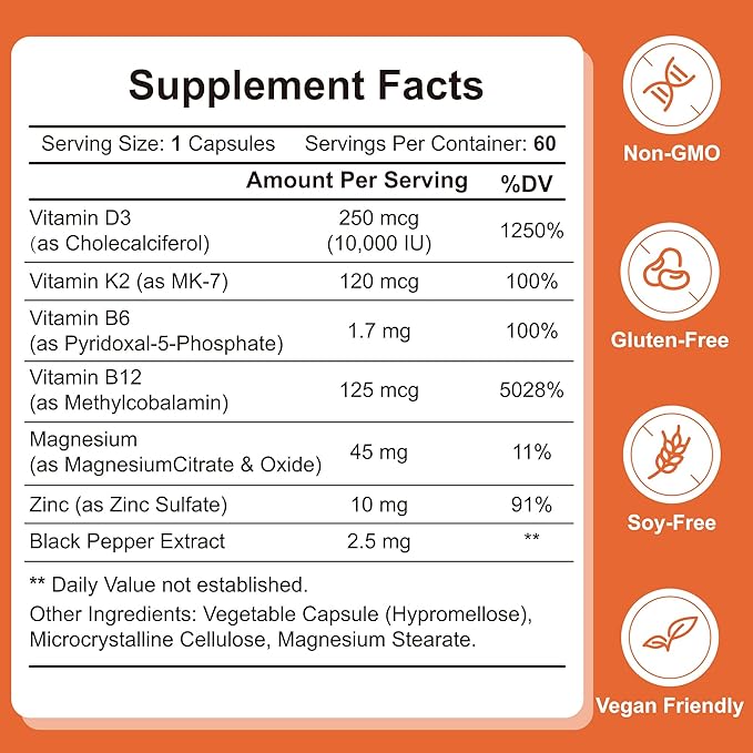 Vitamin D3 K2 Supplement - 10000 IU D3 &amp 120 mcg K2 MK-7 - Bone Heart &amp Immune Support - with B6 B12 Magnesium &amp Zinc for Enhanced Benefits - High Absorption Formula - 60 Vegan Capsules