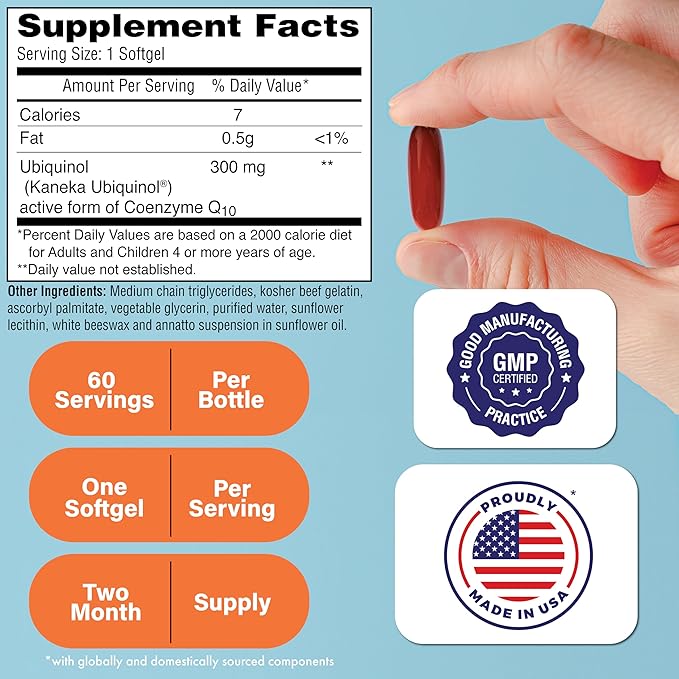 Health Thru Nutrition Ubiquinol 300mg 60 Softgels as Kaneka QH Reduced CoQ-10 | Stabilized - 3rd Party Tested | Enhanced Bioavailability | Cardiovascular &amp Mitochondria Function Support | Non-GMO