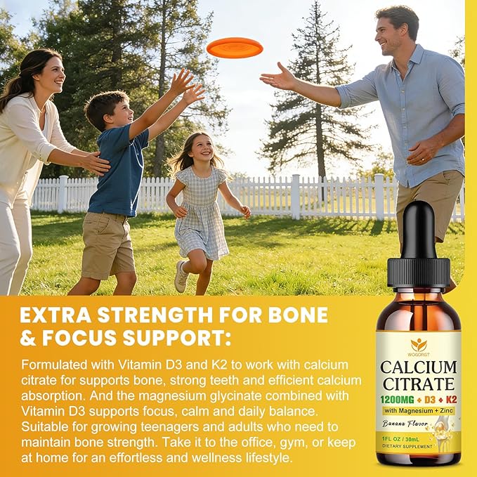 Calcium Citrate 1200mg Liquid Supplement with Vitamin D3 for Women &amp Men - Calcium Magnesium Zinc D3 K2 Supplement for Bone Teeth Immune Support - Sugar Free Vegan Banana Flavor - 1 Fl Oz (2 P