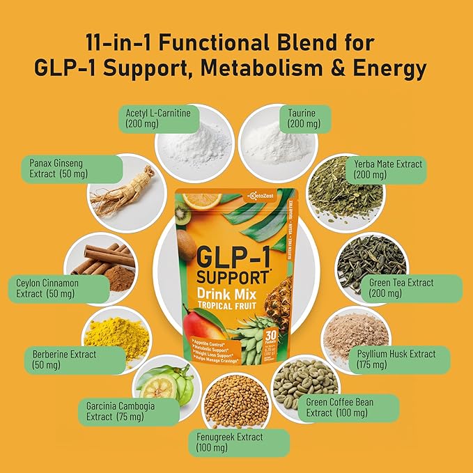 GLP-1 Support Drink Mix Powder - Women Men Weight Loss Support Natural Appetite Suppressant &amp Metabolic Booster - Daily GLP1 Support for Fat Burn Cravings Control Gut Health Fiber Supplement