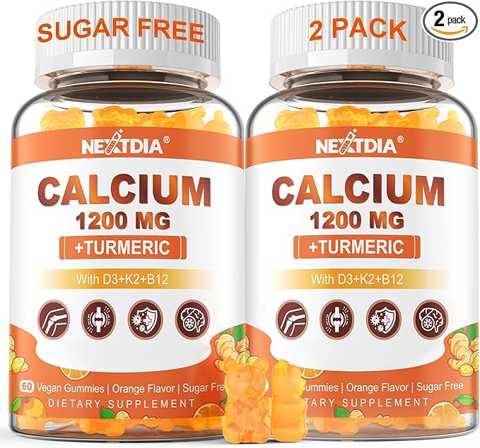 Calcium Gummies with Turmeric for Women &amp Men - Calcium 1200mg with Vitamin D3 K2 B12 5000 IU &amp Zinc Suger-Free Calcium Supplement for Bone Muscle Strength &amp Immune Support - Vegan(120 C
