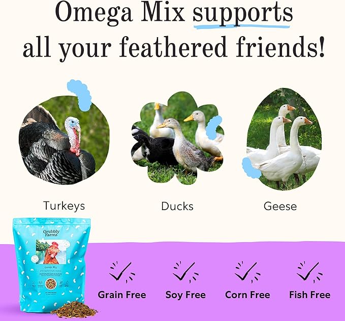 Grubbly Farms Omega Mix Chicken Treats for Laying Hens - Superfood and Omega-Rich Chicken Feed Supplement to Support Egg Production Strong Eggshells and Nutritious Yolks - 5LB