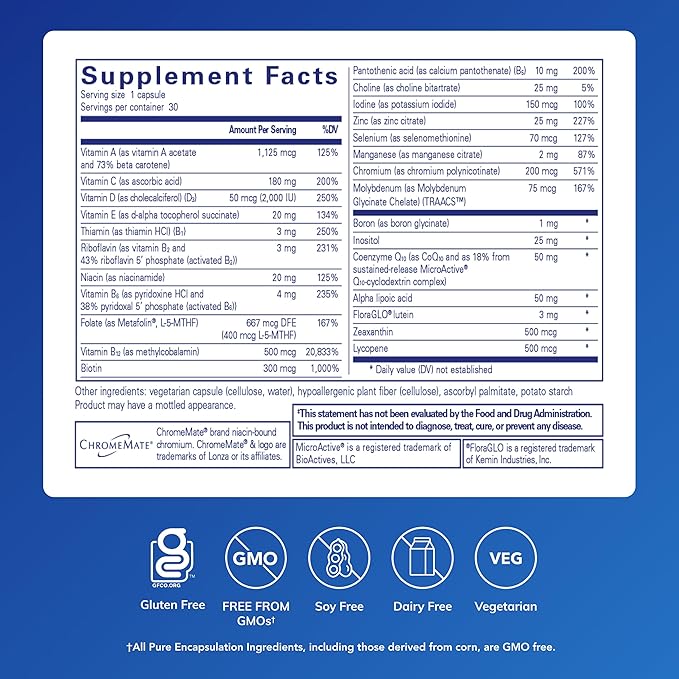 Pure Encapsulations O.N.E. Multivitamin - Once Daily Multivitamin with Antioxidant Complex Metafolin CoQ10 and Lutein to Support Vision Cognitive Function and Cellular Health* - 30 Capsules