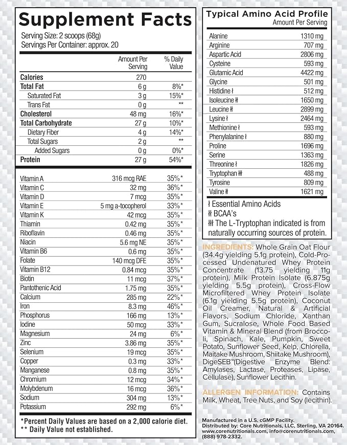 Core Nutritionals MRP Full Spectrum Meal Replacement | Whey Protein Blend + Low Glycemic Carb Blend | 27g Protein | 3 Pound (Vanilla Poundcake)