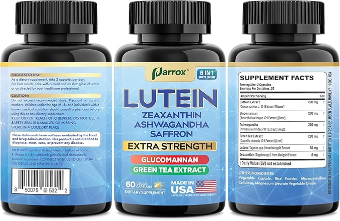 Lutein Supplement with Zeaxanthin Ashwagandha Saffron Green Tea Extract Glucomannan Eye Vitamins for Adults Vision Health Supplement Plant-Based Formula for Daily Support (60 Caps)