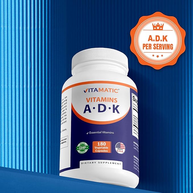 Vitamatic ADK Vitamin Supplement 180 Veg Capsules High Potency Vitamins A D3 K2 for Bone Health Calcium Absorption Non-GMO Gluten Free - 2 Pack