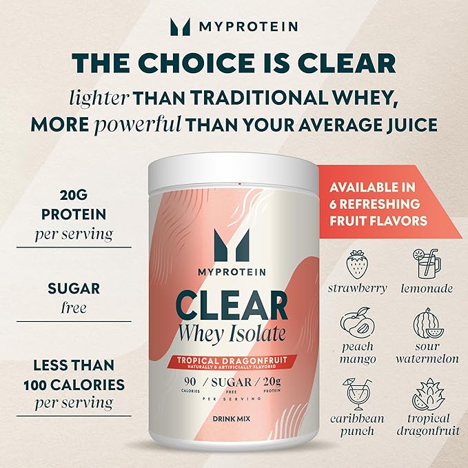 Myprotein Clear Whey Isolate Protein Powder 20 Servings (1.1lbs) Tropical Dragonfruit 20g Protein per Serving Naturally Flavored Drink Mix Daily Protein Intake for Superior Performance