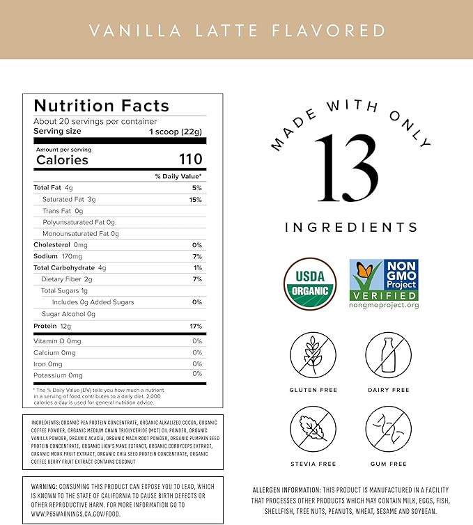 Truvani Protein + Energy Drink Mix with 87mg Caffeine | Vanilla Latte | 12g Organic Plant Based Protein | 20 Servings | USDA Organic Coffee Powder &amp Adaptogens | Gluten &amp Dairy Free | Vegan |