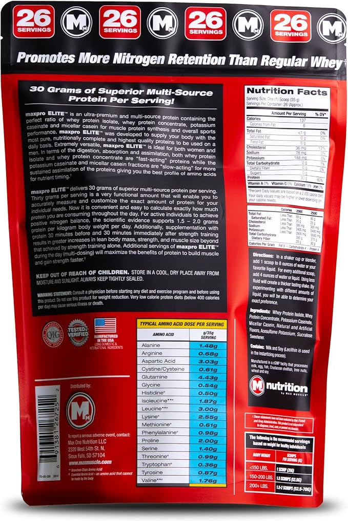 Max Muscle Maxpro Elite | 30g Protein | 6.6g BCAAs | Micellar Casein Cold Filtered Whey Isolate Protein Concentrate | Promotes Muscle Growth Strength and Recovery (Chocolate Mint 2lb)