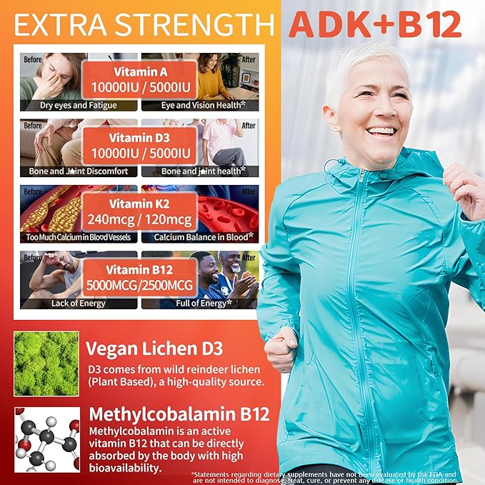 Methylated Multivitamin Women Men Vitamin D3 K2 5000IU / 10000IU B12 5000 mcg 2500mcg K2 (MK-7) 240mcg- ADK+Methyl Vitamin B12 Vegan D3Vitamin ACZinc EyeBoneEnergyImmune Sugar-Free Gummies