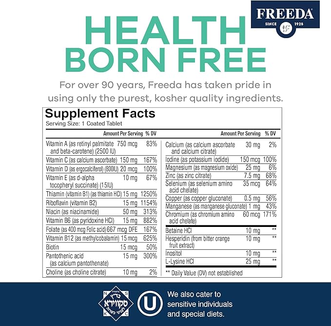 Freeda Senior Multivitamin - Kosher Vitamins for Men &amp Women 60 and Over - One Daily Coated Tablet - Women’s &amp Men’s Vitamins Multivitamin 60 Plus - Vitamins for Women Over 60 Plus Elderly (10