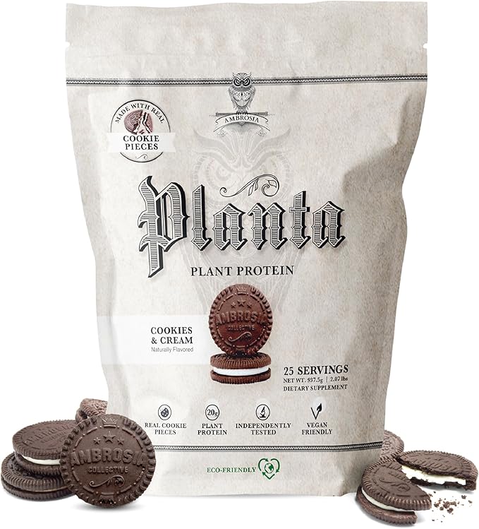 Ambrosia Planta - Plant-Based Protein Powder 20g | Dairy Free Vegan Protein Powder with BCAA Amino Acids | Keto-Friendly No Added Sugar | 25 Servings | Cookies Cream