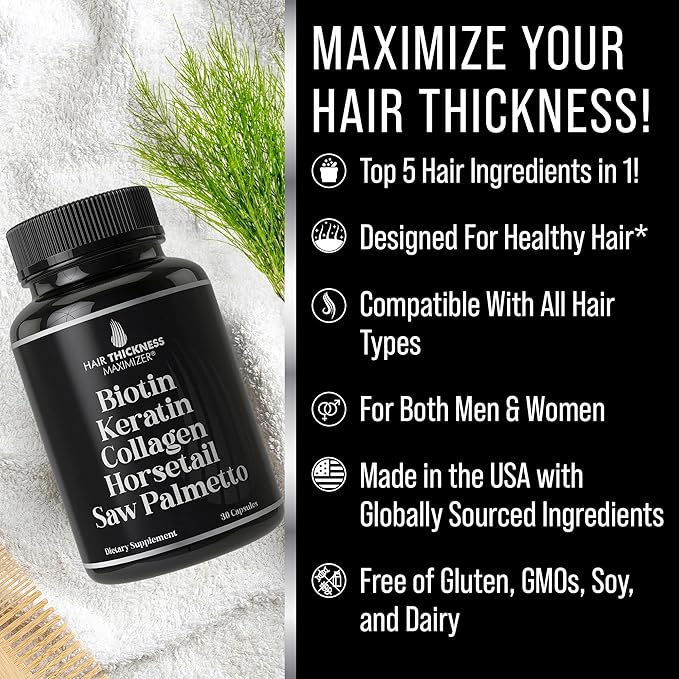 Biotin (5000mcg) Keratin Collagen Horsetail Saw Palmetto – 5-in-1 Hair Growth Supplement &amp Vitamins for Women &amp Men DHT Blocker Capsules for Thinning - Hair Growth Vitamins