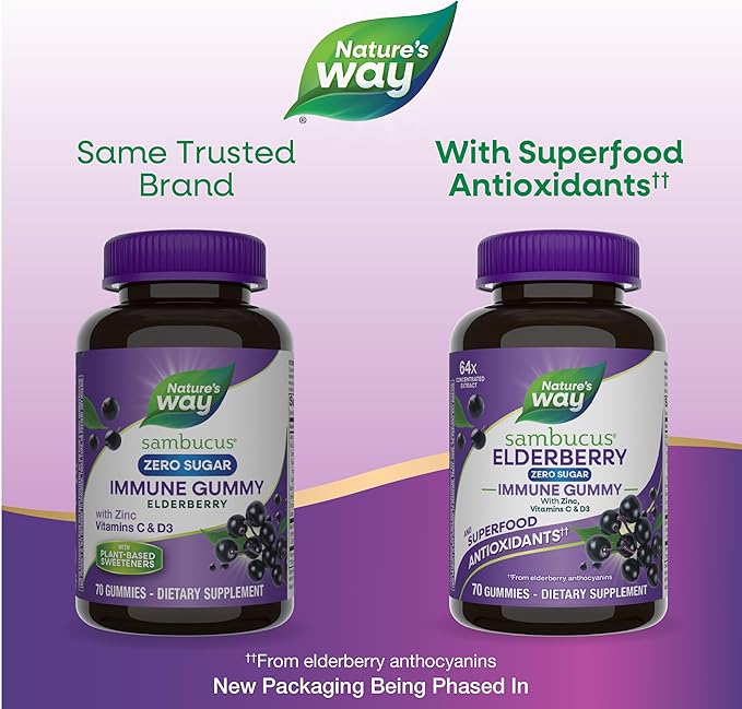 Nature’s Way Sambucus Zero Sugar Immune Gummies Daily Immune Support* Black Elderberry Extract Vitamin C Vitamin D3 Zinc Sugar Free Sugar Alcohol Free Plant-Based Sweeteners 70 Gummies