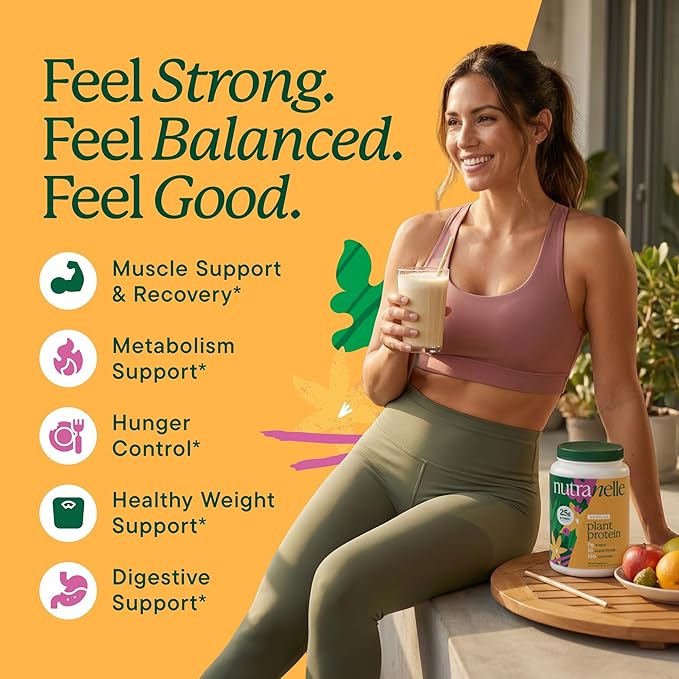 Nutranelle Vanilla Protein Powder - 25g Vegan Protein Powder with Greens - Unsweetened &amp Gluten Free Plant Based Protein - Gluten Free Nutrition Made in USA - Perfect for Smoothies Shakes &amp R