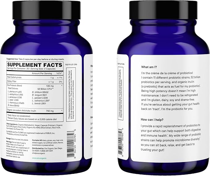 Ora Organic Probiotics with Prebiotics - 52 Billion CFU 11 Clinically Studied Strains for Digestive Health Trust Your Gut Gluten Free 60 Capsules