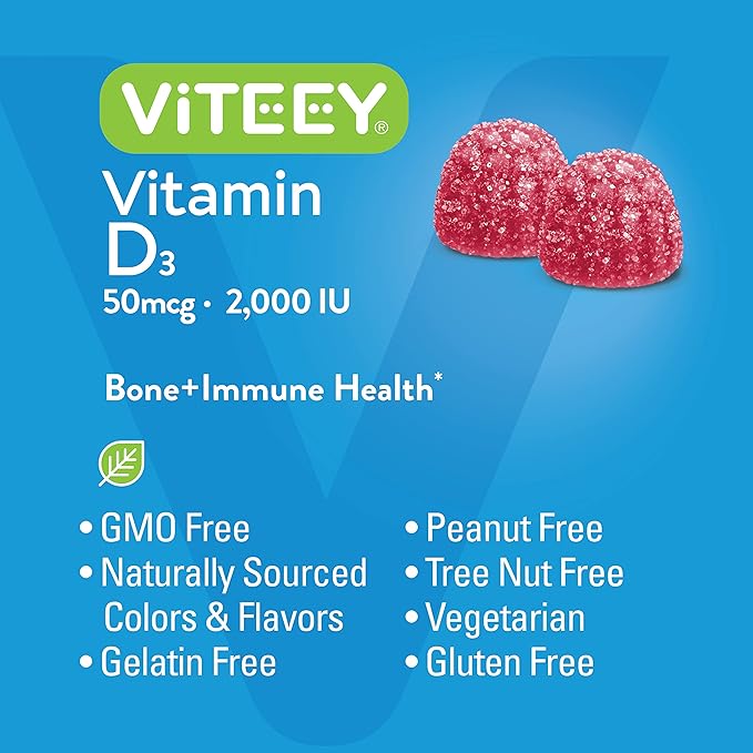 VITEEY Vitamin D3 for Adults &amp Teens - 2000 IU 50mcg Regular Strength - Joint &amp Muscle Health Immune Boost - Chewable Vitamin D Gummies - Vegetarian Gelatin Free - Tasty Berry Flavored Gu