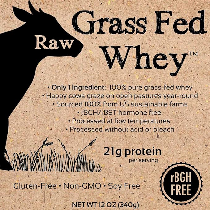 Raw Grass Fed Whey Protein Powder – Unflavored Only 1 Ingredient: Grass-Fed Whey from Happy Healthy Cows – Undenatured Non-GMO Hormone-Free Gluten-Free Made in USA 12 OZ