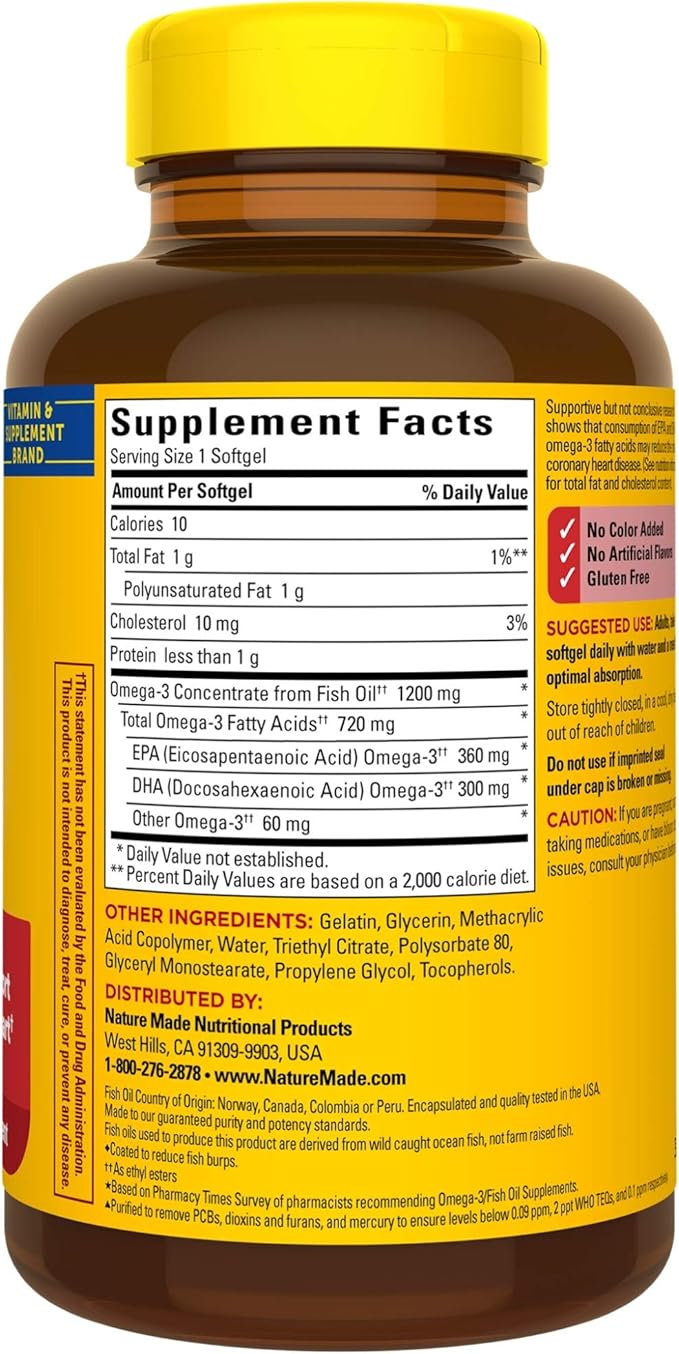 Nature Made Burp-Less Fish Oil 1200 mg One Per Day 120 Softgels Fish Oil Omega 3 Supplement For Heart Health