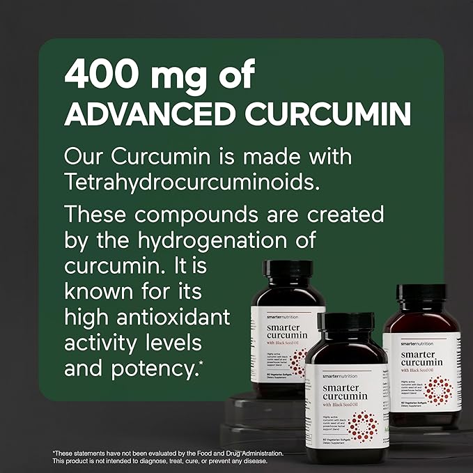 SMARTERNUTRITION Curcumin Softgels - Vegan High Absorption 400 mg Curcumin Supplement Standardized to 95% Tetrahydrocurcuminoids + Black Seed Oil &amp Ginger for Joint &amp Immune Health - 360 Ct