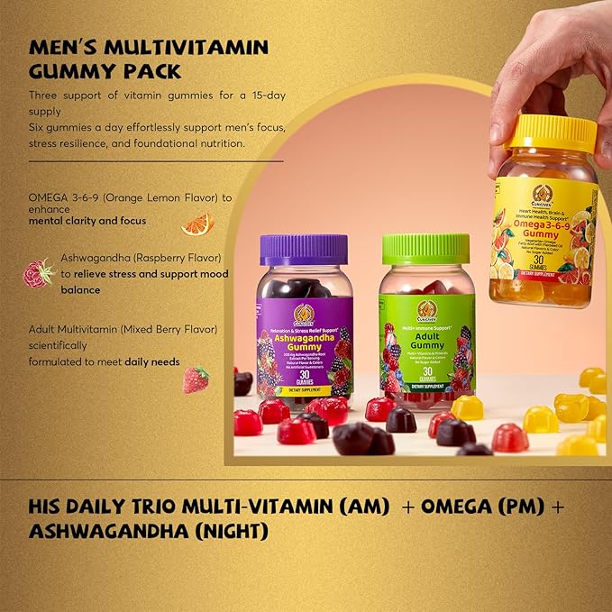 SUNGIVEN Men's Multivitamin Gummy Pack 3 Support for Heart Brain Sleep Daily Health Vitamins A D C E B12 Omega-3 Ashwagandha Adult Chewable Vitamin Berry Flavor 15 Day Supply - 90 Count