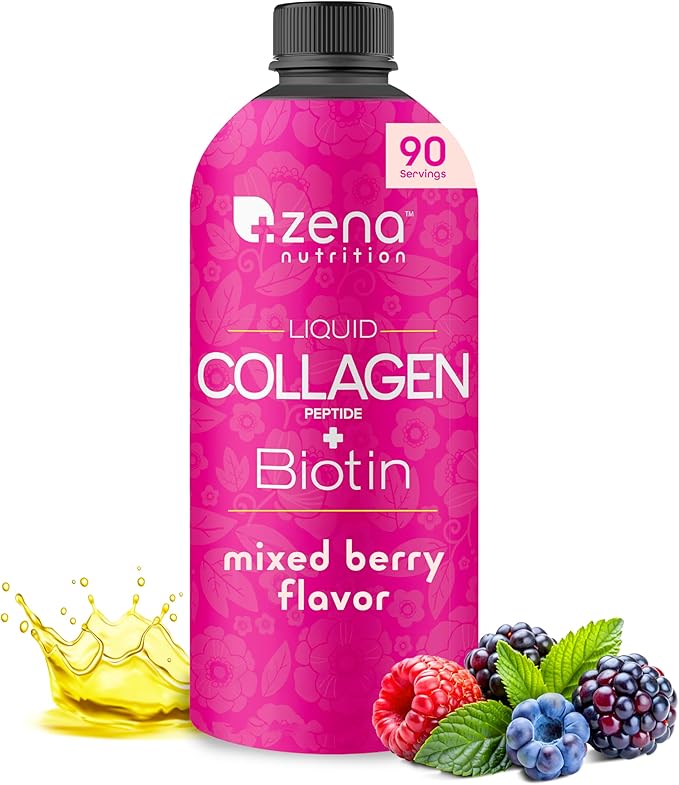 Zena Nutrition Liquid Collagen Peptides and Biotin 2500mg Verisol Bioactive Collagen Peptides 5000mcg Biotin Hair Skin Nail Supplement for Women and Men Mixed Berry 90 Servings 30 fl oz