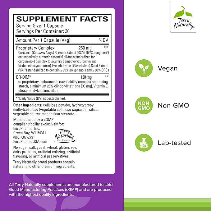 Terry Naturally DIM Complex - Dietary Supplement with BCM-95 Curcumin - Supplement to Support Healthy Hormone Balance Liver Health &amp Menopause Symptom Relief - 30 Capsules