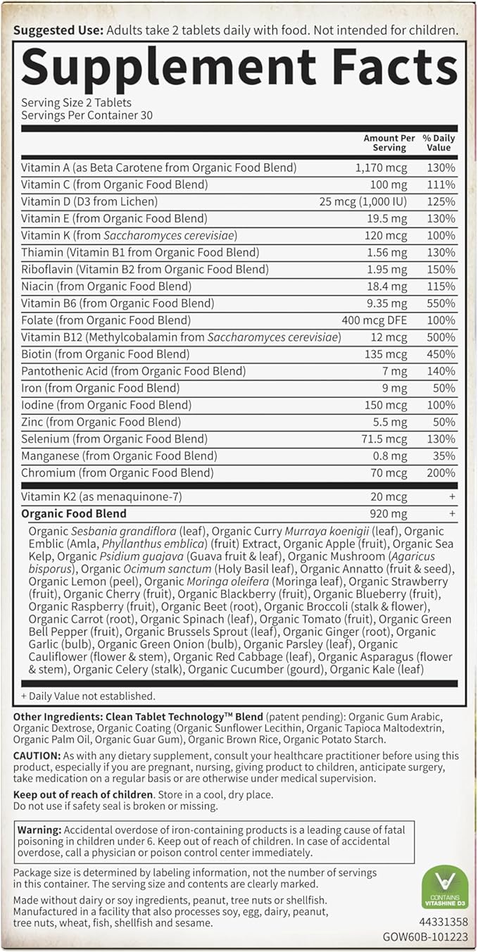 Garden of Life Organics Organic Multivitamin for Women - Womens Multi with Vitamin C D Folate B6 B12 Biotin Iron Vegan Whole Food Vitamins for Women Energy Skin Nails 60 Tablets