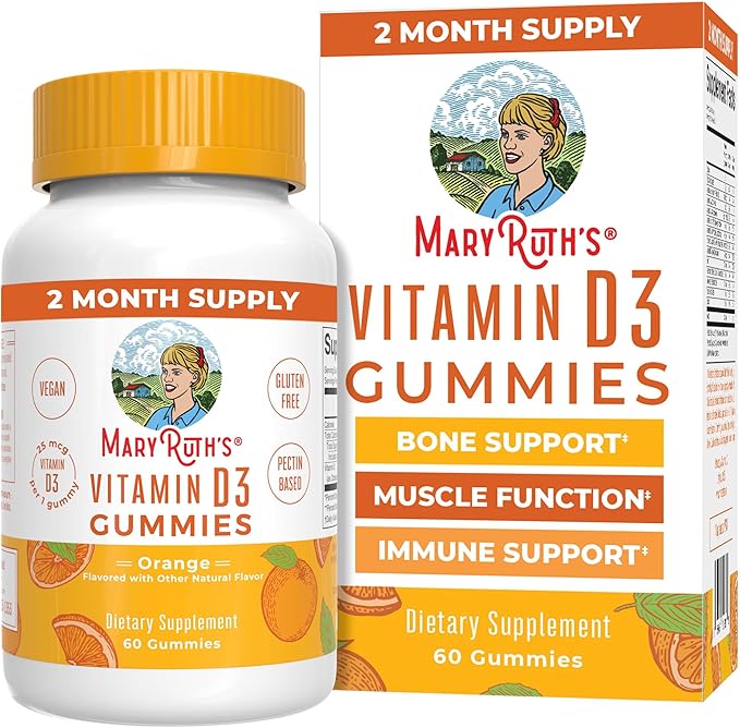 MaryRuth Organics Vitamin D3 Gummies | 2 Month Supply | Adults &amp Kids Vitamin D Gummy | Immune Support Supplement | VIT D3 1000IU for Bone Health&ampMuscle Function | Vegan | Non-GMO | Gluten Fre