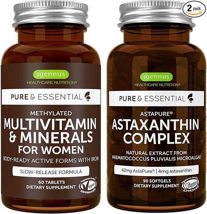 Multivitamin &amp Minerals for Women + Astaxanthin Complex Vegan Bundle Sustained Release Advanced Multivitamin with Iron + Natural 4 mg H. Pluvialis Astaxanthin by Igennus