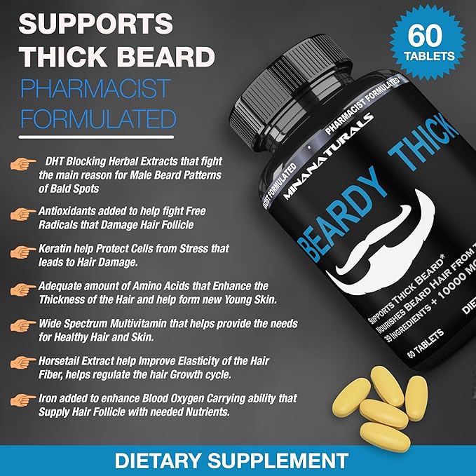 BEARDY THICK Beard Growth Vitamins for Men B7 Biotin 10000 mcg Keratin Collagen Silica and 36 More. Beard Grow Thicker and Stronger Supplement. Facial Hair Growth Vitamin. 60 Tablets