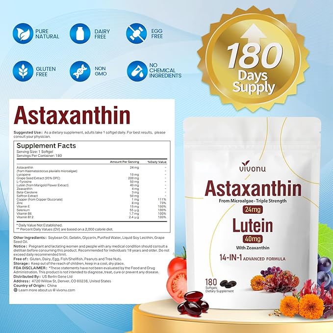 VivoNu 14-in-1 Astaxanthin 24mg &amp Lutein 40mg with Zeaxanthin Supplements 18 Month Supply 540 Softgels 3 Bag