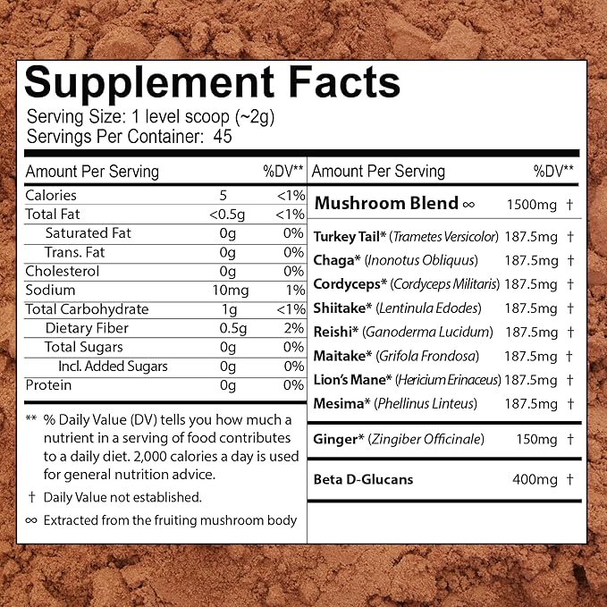 Organic 8 Mushroom Immunity Powder Non-GMO - Turkey Tail Chaga Cordyceps Shiitake Reishi Maitake Lion's Mane and Mesima - Vegan Mushroom Supplement in a Resealable Glass Jar