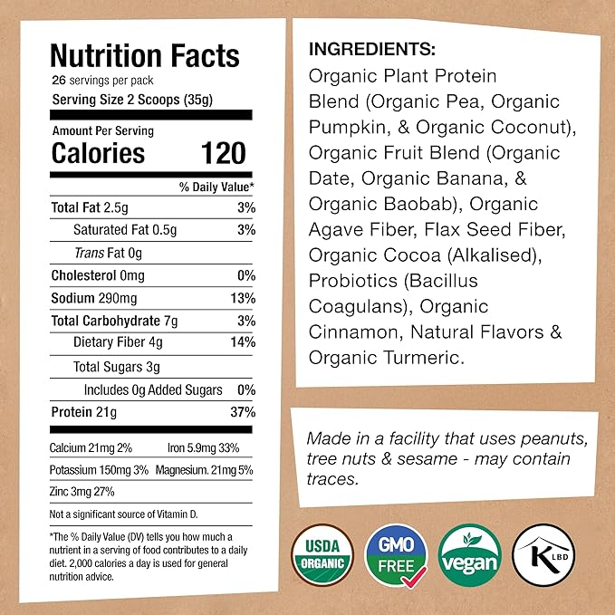 EarthChimp Organic Vegan Protein Powder - with Probiotics - Non GMO Dairy Free Non Whey Plant Based Protein Powder for Women and Men Gluten Free - 26 Servings 32 Oz (Plain &amp Unsweetened) No Sc