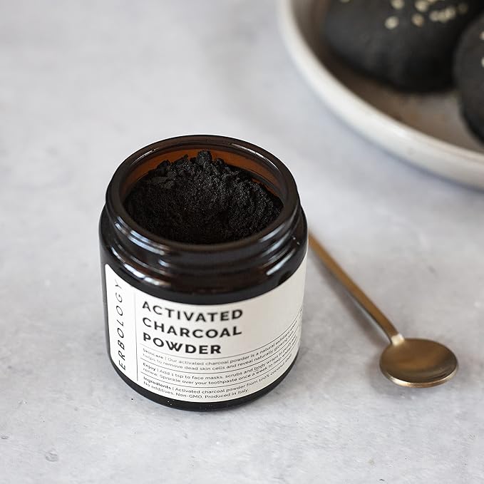 Erbology Activated Charcoal Powder 1.8 oz - Teeth Whitening - Add to Face Masks Toothpaste and Body Wraps for Natural Exfoliation - Natural Digestive Aid - Vegan - Recyclable Glass Jar